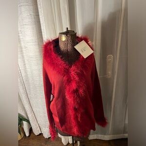 New With Tags Red Hat Society Sweater In Red With Faux Fur Collar